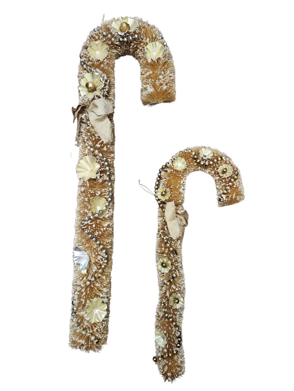 Vintage Bottle Brush Candy Cane Pair of Two Gold Decorated 12 19 inches
